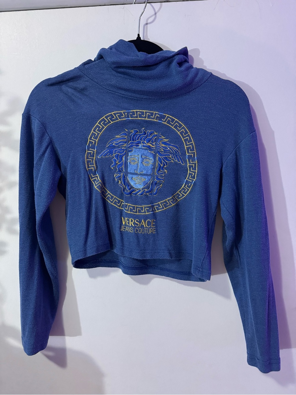 Vintage VERSACE Jeans Couture Blue Medusa Cropped Turtleneck